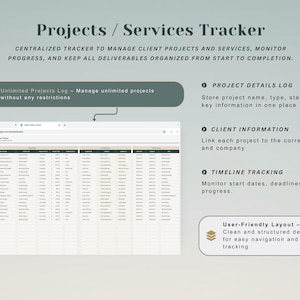 May include: A digital Projects / Services Tracker spreadsheet interface featuring a project details log, client information section, and timeline tracking. The layout includes text labels for managing unlimited projects, storing project status, and organizing deliverables.