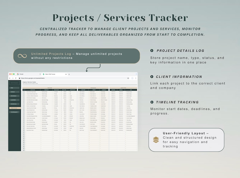 May include: A digital Projects / Services Tracker spreadsheet interface featuring a project details log, client information section, and timeline tracking. The layout includes text labels for managing unlimited projects, storing project status, and organizing deliverables.