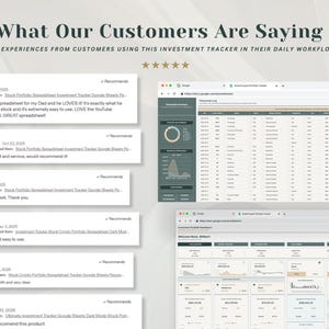 May include: A digital display showing customer reviews and screenshots of an investment tracker spreadsheet. The text reads What Our Customers Are Saying, featuring five-star ratings and detailed financial dashboard views with charts and data tables.