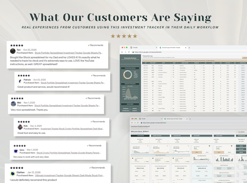 May include: A digital display showing customer reviews and screenshots of an investment tracker spreadsheet. The text reads What Our Customers Are Saying, featuring five-star ratings and detailed financial dashboard views with charts and data tables.