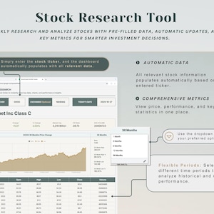 May include: A digital interface for a stock research tool. The screen displays stock data, including price, change percentage, and volume. The interface includes options for entering a stock ticker and selecting time periods for analysis.