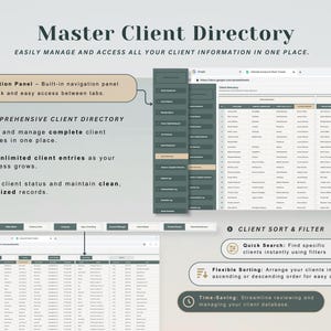 May include: A digital interface for a Master Client Directory, showcasing features like a navigation panel, comprehensive client directory, and client sorting and filtering options. The interface is designed to easily manage and access client information.