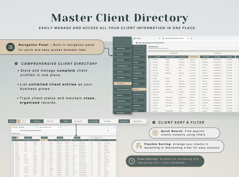 May include: A digital interface for a Master Client Directory, showcasing features like a navigation panel, comprehensive client directory, and client sorting and filtering options. The interface is designed to easily manage and access client information.