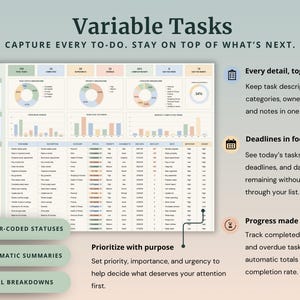 Peut inclure: Un tableau de bord de gestion des t&acirc;ches num&eacute;riques intitul&eacute; Variable Tasks avec le sous-titre CAPTURE EVERY TO-DO. STAY ON TOP OF WHAT'S NEXT. Il pr&eacute;sente des graphiques de donn&eacute;es, une liste de t&acirc;ches d&eacute;taill&eacute;e et des sections explicatives.
