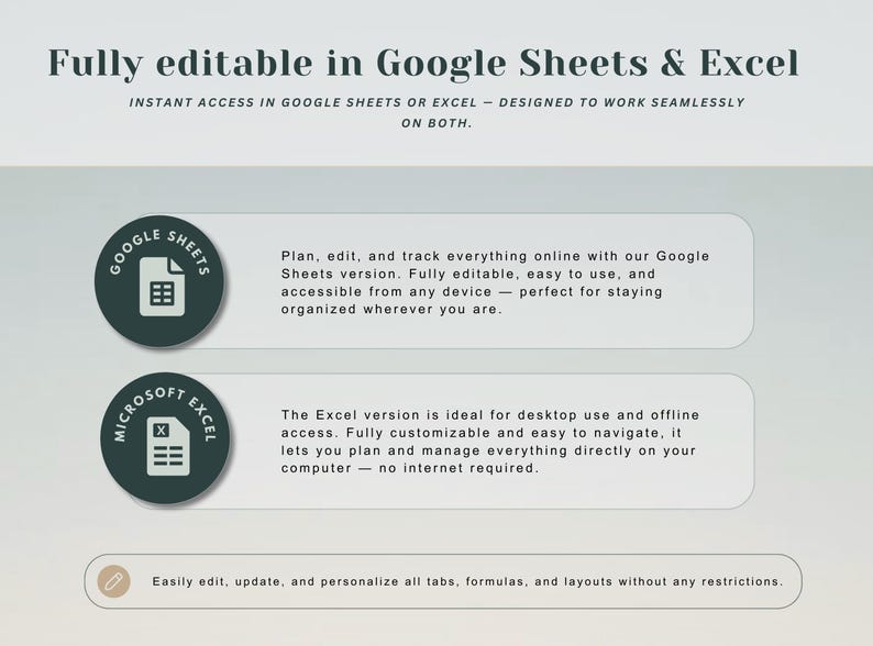 May include: An advertisement for Google Sheets and Excel, with the text "Fully editable in Google Sheets & Excel." The image includes circular logos for both applications and descriptive text about their features. The text highlights online and offline access.