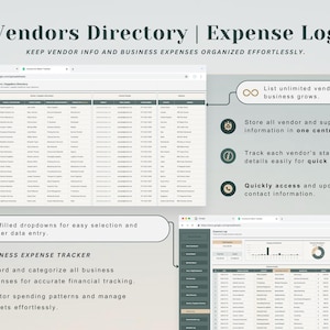 May include: A digital Vendors Directory and Expense Log interface, displayed on a computer screen. The interface includes a vendor list, expense tracker, and features like prefilled dropdowns and expense categorization. Text includes "Keep Vendor Info and Business Expenses Organized Effortlessly."