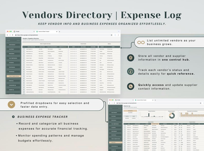 May include: A digital Vendors Directory and Expense Log interface, displayed on a computer screen. The interface includes a vendor list, expense tracker, and features like prefilled dropdowns and expense categorization. Text includes "Keep Vendor Info and Business Expenses Organized Effortlessly."