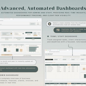 May include: Image of a dashboard interface with the text "Advanced, Automated Dashboards." The interface displays financial data, charts, and graphs. Features include real-time insights, performance tracking, and clear task visibility. The dashboard is designed for admins and staff.