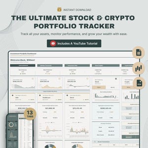 Puede incluir: Un rastreador digital de cartera de acciones y criptomonedas con el texto "THE ULTIMATE STOCK & CRYPTO PORTFOLIO TRACKER". La imagen incluye un panel de control, un teléfono inteligente e iconos para una hoja de cálculo, gráficos y un PDF. El texto dice "Includes A YouTube Tutorial".