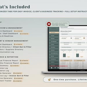 May include: A laptop screen displays a financial dashboard with data and charts. The image includes the text "What's Included" and lists features like invoice tracking and client management. The text also mentions a YouTube tutorial.