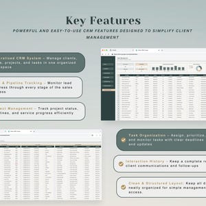 May include: A digital CRM system interface display featuring Key Features text. It includes six rounded rectangular callouts detailing Centralized CRM System, Lead & Pipeline Tracking, Project Management, Task Organization, Interaction History, and Clean & Structured Layout alongside two browser window screenshots showing data tables.
