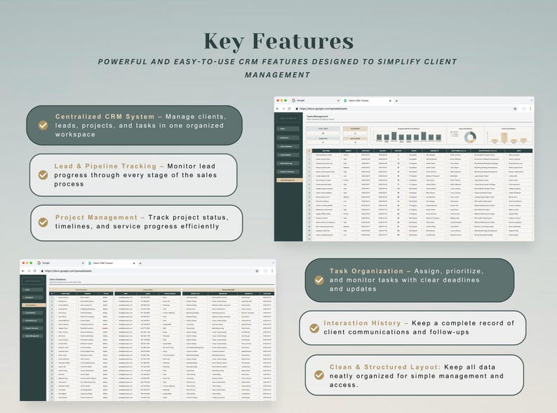 May include: A digital CRM system interface display featuring Key Features text. It includes six rounded rectangular callouts detailing Centralized CRM System, Lead & Pipeline Tracking, Project Management, Task Organization, Interaction History, and Clean & Structured Layout alongside two browser window screenshots showing data tables.