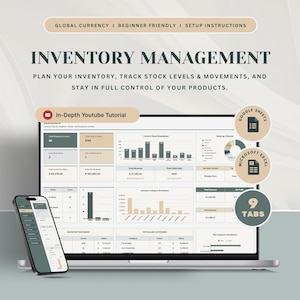 Puede incluir: Un portátil y un smartphone muestran un panel de control de gestión de inventario. La pantalla muestra gráficos y datos, con el texto "INVENTORY MANAGEMENT" y "PLAN YOUR INVENTORY". El texto adicional incluye "GLOBAL CURRENCY", "BEGINNER FRIENDLY" y "SETUP INSTRUCTIONS".