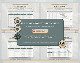 PLR Productivity Planners Google Sheets Kanban Board Gantt Chart Eisenhower Matrix Spreadsheet Tasks Productivity Private Label Template