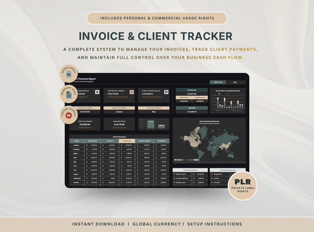 PLR Invoice & Client Tracker Spreadsheet Invoice Generator Excel Client ...
