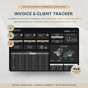 Puede incluir: Un panel digital de seguimiento de facturas y clientes con interfaz oscura, tablas de datos financieros, gráficos de barras y un mapa mundial. El diseño incluye etiquetas de texto para la gestión de flujo de caja e iconos de compatibilidad.