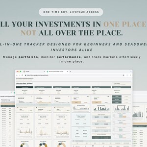 May include: A digital interface displays investment tracking data. The text reads: "ALL YOUR INVESTMENTS IN ONE PLACE. NOT ALL OVER THE PLACE." It is designed for beginners and seasoned investors. The interface allows users to manage portfolios and monitor performance.