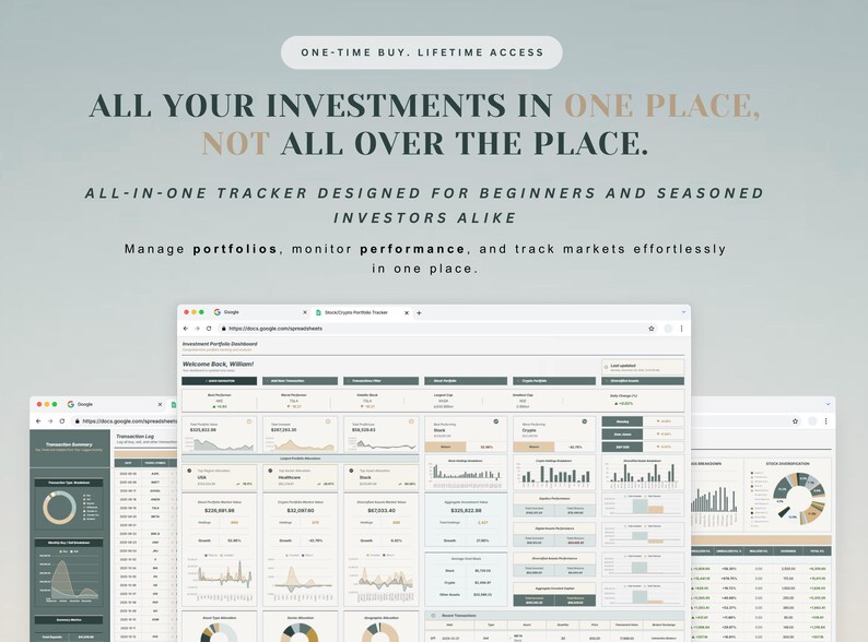 May include: A digital interface displays investment tracking data. The text reads: "ALL YOUR INVESTMENTS IN ONE PLACE. NOT ALL OVER THE PLACE." It is designed for beginners and seasoned investors. The interface allows users to manage portfolios and monitor performance.
