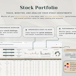 May include: A digital stock portfolio tracker interface featuring a comprehensive dashboard with tables, performance charts, and investment data. The layout includes text labels for tracking holdings, gains, losses, and currency conversion options for real-time analysis.
