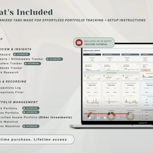 May include: A digital portfolio tracking spreadsheet displayed on a laptop screen. The text reads What's Included, 13 organized tabs, Setup, Overview & Insights, Data & Recording, Portfolio Management, and includes an in-depth YouTube tutorial.