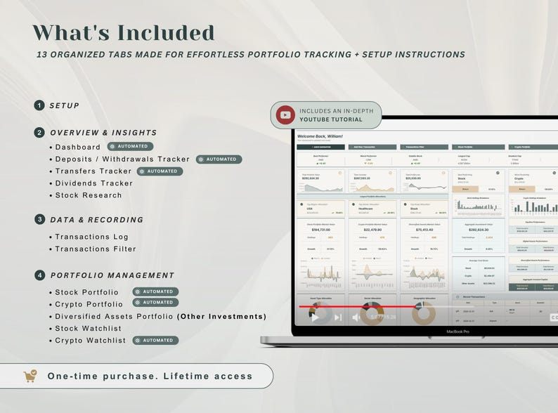 May include: A digital portfolio tracking spreadsheet displayed on a laptop screen. The text reads What's Included, 13 organized tabs, Setup, Overview & Insights, Data & Recording, Portfolio Management, and includes an in-depth YouTube tutorial.