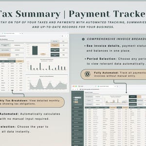 May include: A digital interface for tax summary and payment tracking. The screen displays automated tracking, summaries, and up-to-date records for business. Features include invoice breakdown, period selection, and automated tax calculations.