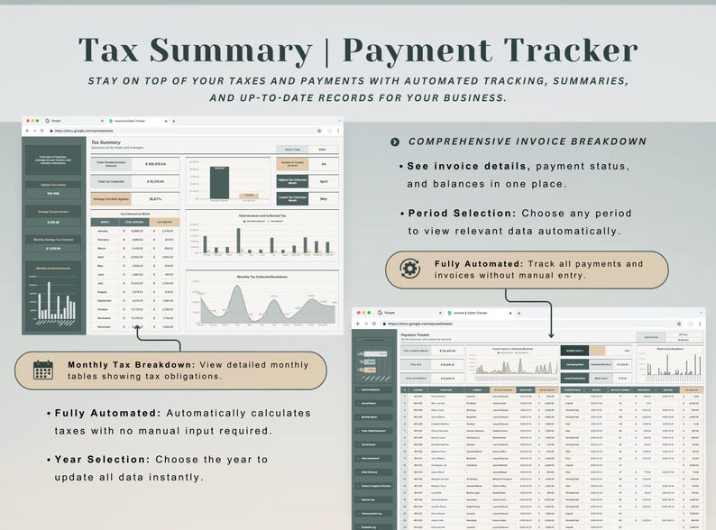 May include: A digital interface for tax summary and payment tracking. The screen displays automated tracking, summaries, and up-to-date records for business. Features include invoice breakdown, period selection, and automated tax calculations.