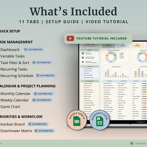 Peut inclure: Un mod&egrave;le de suivi des t&acirc;ches num&eacute;rique comprenant 11 onglets, un guide de configuration et un tutoriel vid&eacute;o. L'interface affiche un tableau de bord avec des graphiques, des listes de t&acirc;ches, un calendrier, un diagramme de Gantt et une matrice.