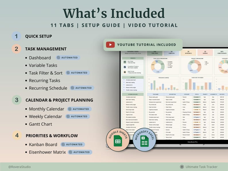 Peut inclure: Un mod&egrave;le de suivi des t&acirc;ches num&eacute;rique comprenant 11 onglets, un guide de configuration et un tutoriel vid&eacute;o. L'interface affiche un tableau de bord avec des graphiques, des listes de t&acirc;ches, un calendrier, un diagramme de Gantt et une matrice.