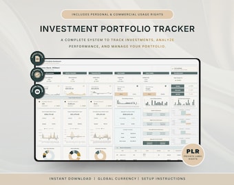 May include: An investment portfolio tracker dashboard displayed on a screen, featuring charts, tables, and financial data. Text includes "INVESTMENT PORTFOLIO TRACKER," "A COMPLETE SYSTEM TO TRACK INVESTMENTS, ANALYZE PERFORMANCE, AND MANAGE YOUR PORTFOLIO," and "PLR."