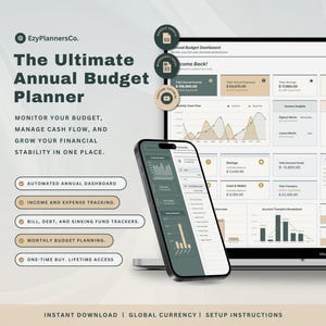 Könnte beinhalten: Ein digitaler Finanzplaner, der auf einem Laptop und Smartphone angezeigt wird. Der Bildschirm zeigt Diagramme und Daten zur Budgetierung und Finanzverfolgung. Der Text lautet "The Ultimate Annual Budget Planner."