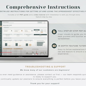 May include: A laptop screen displays a spreadsheet interface with data visualizations. The image includes text: "Comprehensive Instructions" and "Full Step-by-Step PDF Guide." It also mentions a YouTube tutorial for easy-to-follow explanations.