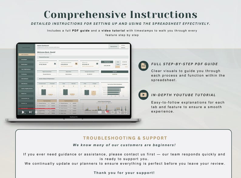 May include: A laptop screen displays a spreadsheet interface with data visualizations. The image includes text: "Comprehensive Instructions" and "Full Step-by-Step PDF Guide." It also mentions a YouTube tutorial for easy-to-follow explanations.