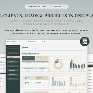 May include: A digital CRM dashboard interface displayed on a computer screen, featuring data visualization charts, task management lists, and client tracking modules with a dark green and beige color scheme and the text All Clients, Leads & Projects.