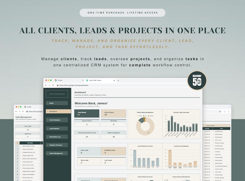 May include: A digital CRM dashboard interface displayed on a computer screen, featuring data visualization charts, task management lists, and client tracking modules with a dark green and beige color scheme and the text All Clients, Leads & Projects.