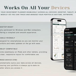May include: Image showing two smartphones displaying a financial investment app interface. The text "Works On All Your Devices" is at the top, with descriptions of desktop, mobile, and tablet compatibility, and cross-device sync.