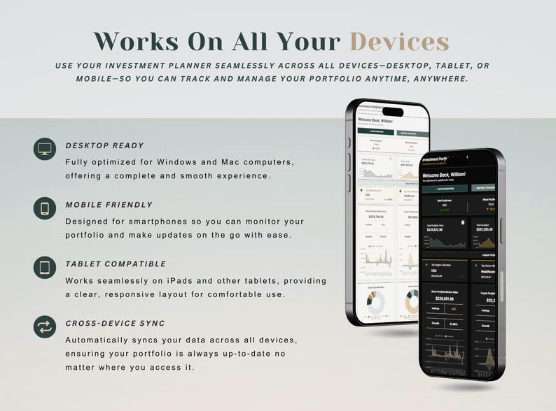 May include: Image showing two smartphones displaying a financial investment app interface. The text "Works On All Your Devices" is at the top, with descriptions of desktop, mobile, and tablet compatibility, and cross-device sync.