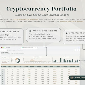 May include: A digital cryptocurrency portfolio tracker spreadsheet template featuring a dashboard with a pie chart, line graph, and bar chart. The interface includes text labels for full crypto snapshot, profit and loss insights, and a structured layout for tracking assets.