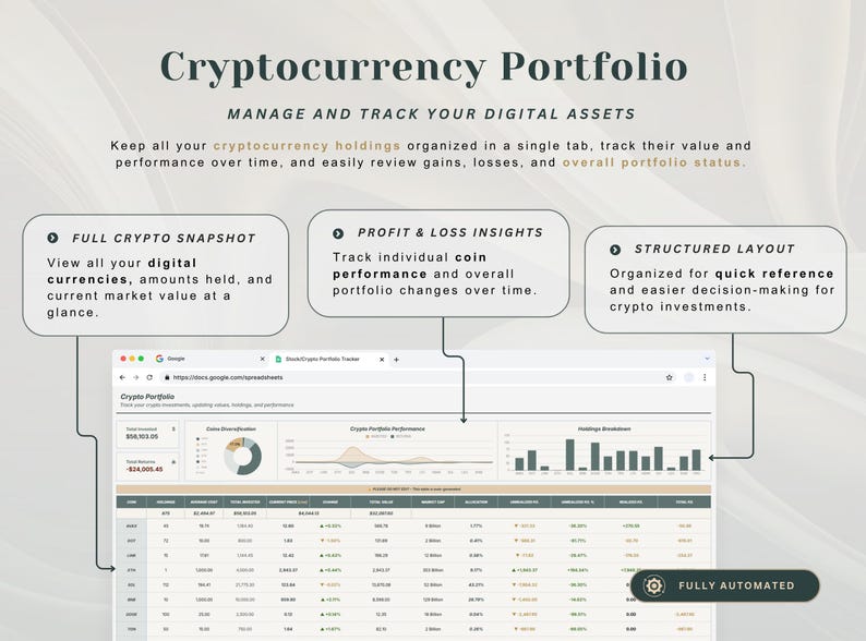May include: A digital cryptocurrency portfolio tracker spreadsheet template featuring a dashboard with a pie chart, line graph, and bar chart. The interface includes text labels for full crypto snapshot, profit and loss insights, and a structured layout for tracking assets.