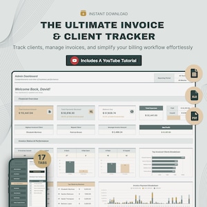 Könnte beinhalten: Digitaler Rechnungs- und Kunden-Tracker mit Dashboard-Oberfläche. Der Text lautet "THE ULTIMATE INVOICE & CLIENT TRACKER" und "Includes A YouTube Tutorial". Das Design umfasst eine mobile App-Ansicht und Symbole für Excel- und PDF-Formate.