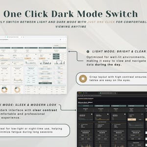 May include: A digital interface display showing a One Click Dark Mode Switch feature. The graphic compares a light mode dashboard with a white background and dark text against a dark mode dashboard with a black background and light text.