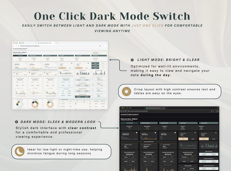 May include: A digital interface display showing a One Click Dark Mode Switch feature. The graphic compares a light mode dashboard with a white background and dark text against a dark mode dashboard with a black background and light text.