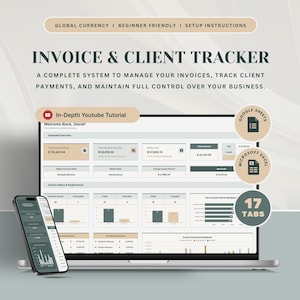 Puede incluir: Un portátil y un smartphone que muestran una interfaz de seguimiento de facturas y clientes. La pantalla muestra datos financieros y gráficos, con el texto "Invoice & Client Tracker". La imagen incluye el texto "Global Currency", "Beginner Friendly" y "Setup Instructions".