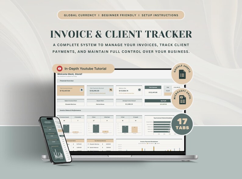 May include: A laptop and smartphone displaying an invoice and client tracker interface. The screen shows financial data, charts, and the text "Invoice & Client Tracker." The image includes the text "Global Currency," "Beginner Friendly," and "Setup Instructions."