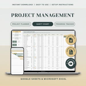 Puede incluir: Un portátil y un smartphone muestran una plantilla de gestión de proyectos. La pantalla del portátil muestra un diagrama de Gantt detallado, mientras que el teléfono muestra una versión simplificada. El texto "PROJECT MANAGEMENT" está incluido.