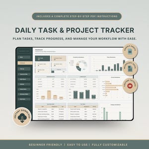 May include: A digital daily task and project tracker dashboard interface featuring charts, progress bars, and task lists. The layout includes text labels like Daily Task & Project Tracker, Google Sheets, Microsoft Excel, and YouTube Tutorial.