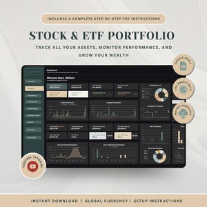 Pode incluir: Um painel digital de rastreamento de portfólio de ações e ETFs com uma interface escura, vários gráficos financeiros, métricas de desempenho e tabelas de dados. Inclui ícones circulares para Google Sheets, dados de mercado em tempo real, download instantâneo e um tutorial no YouTube.
