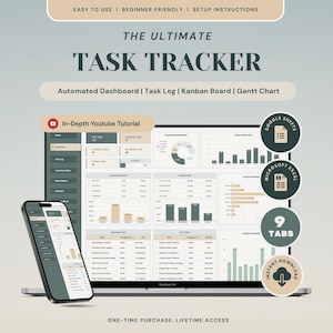 May include: A digital task tracker template displayed on a laptop and smartphone screen. The interface features an automated dashboard, task log, kanban board, and gantt chart in a muted green and beige color scheme with text labels.