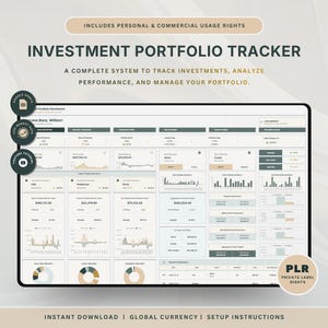May include: A digital investment portfolio tracker displayed on a tablet. The screen shows charts and data visualizations for tracking investments, analysing performance, and managing a portfolio. Text includes "Investment Portfolio Tracker" and "Instant Download".