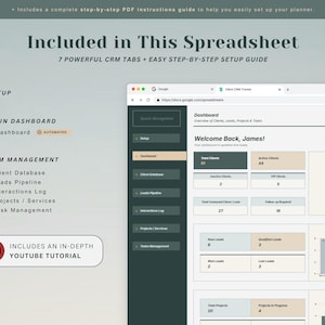 May include: A digital CRM spreadsheet dashboard interface featuring a sidebar with navigation tabs for setup, client database, leads pipeline, interactions log, projects, and tasks. The screen displays client metrics, status charts, and project overviews.